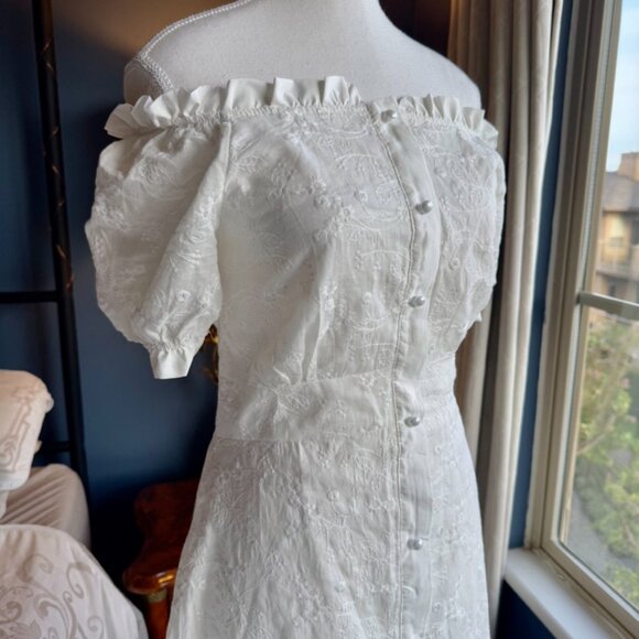 White Eyelet Prairie Peasant Summer Off Shoulder Midi Dress - Picture 4 of 14